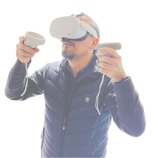 A healthcare professional wearing the NexVR headset to observe the lung anatomy of LuSIM
